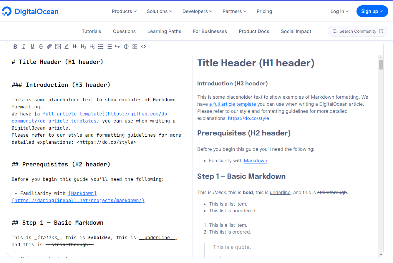 A screenshot of the markdown editor